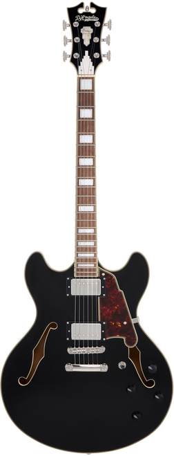 Dâ€™Angelico Premier DC - Black (DAPDCSBKNS) featuring a semi-hollow double-cut design, versatile pickup configuration, and a classic Black finish for expressive blues, jazz, and rock performance.