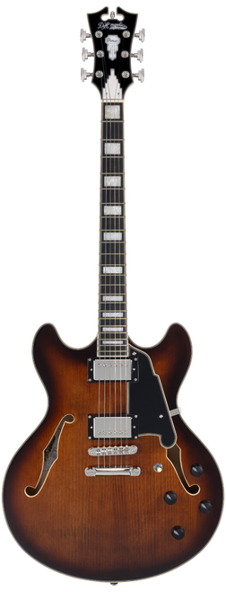DÃ¢â‚¬â„¢Angelico Premier DC with Gig Bag - Brown Burst (DAPDCBRBNS) featuring a semi-hollow double-cut body, dual humbuckers, smooth neck profile, and a warm Brown Burst finish with an included padded gig bag.