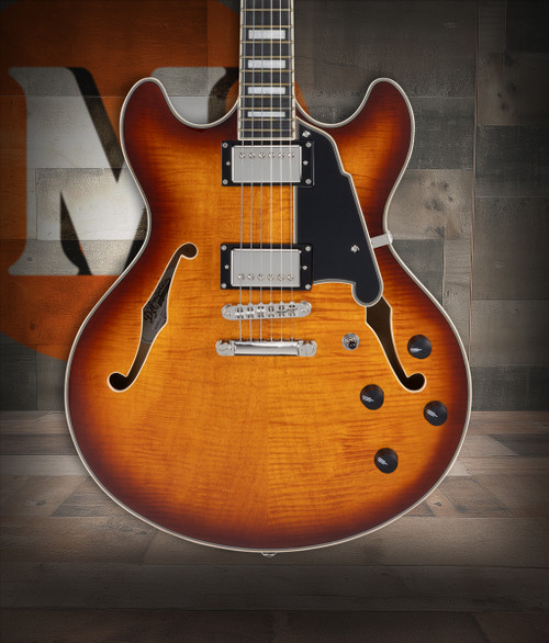 DÃ¢â‚¬â„¢Angelico Premier DC - Dark Iced Tea Burst (DAPDCDITBNS) featuring a semi-hollow double cutaway body, stop-bar tailpiece, dual humbuckers, and a warm Dark Iced Tea Burst finish with included padded gig bag.