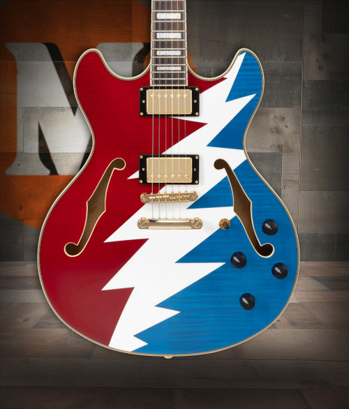 DÃ¢â‚¬â„¢Angelico Premier Grateful Dead DC - Red, White, and Blue Lightning Bolt (DAPDCSYF) featuring custom Grateful Dead Lightning Bolt artwork, semi-hollow double-cut body, stop-bar tailpiece, dual humbuckers, and an included custom gig bag.