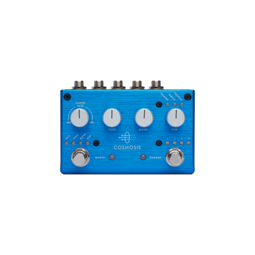 Pigtronix Cosmosis Stereo Reverb with Morphing (COS) featuring stereo ambient algorithms, morphing capability between modes, and deep atmospheric sound design for experimental and modern guitar tones.