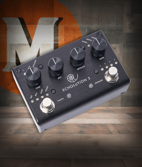 Pigtronix Echolution 3 Stereo Multi-Tap Delay (E3) featuring high-fidelity stereo repeats, multi-tap rhythmic delay patterns, modulation controls, and deep sound-shaping options for ambient and experimental guitar effects.