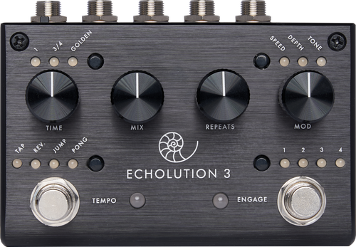 Pigtronix Echolution 3 Stereo Multi-Tap Delay (E3) featuring high-fidelity stereo repeats, multi-tap rhythmic delay patterns, modulation controls, and deep sound-shaping options for ambient and experimental guitar effects.