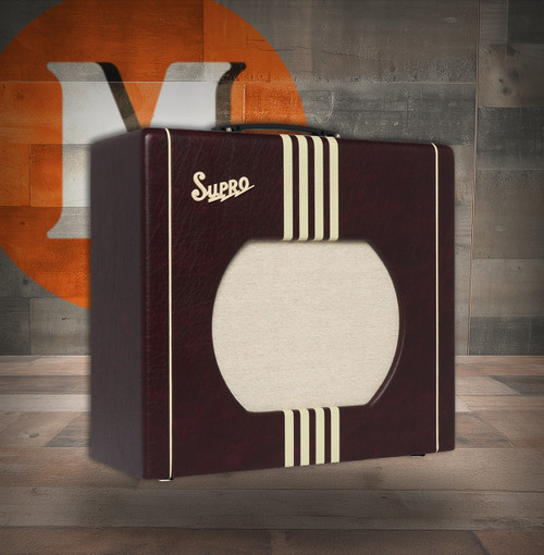 Supro Delta King 12 - 15-Watt 1x12 Combo Amp with Reverb (1822RBURC) featuring Burgundy & Cream styling, tube-driven tone, onboard reverb, and a powerful 12-inch Supro speaker for vintage-inspired stage and studio performance.