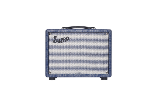 Supro â€™64 Super - 5-Watt 1x8 Combo Amp (1606J) featuring Blue Rhino tolex, Class A tube circuitry, touch-sensitive breakup, and a compact 8-inch speaker for vintage recording and home use.