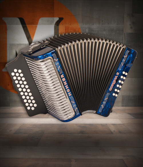 Hohner Corona II FBbEb Accordion - Pearl Dark Blue (3500BL) featuring a deep pearl blue finish, 31-button FBbEb tuning layout, durable bellows, and classic Hohner craftsmanship for authentic Tex-Mex and NorteÃƒÂ±o performance.