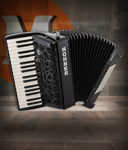 The Hohner Bravo MyColor Chromatic 72 Bass Piano Accordion - Night Jet Black (BR72-JT) offers smooth keyboard action, responsive bellows, and a stylish MyColor finish. Ideal for beginners to intermediate players seeking reliable Hohner performance. Available at Musician Madness.