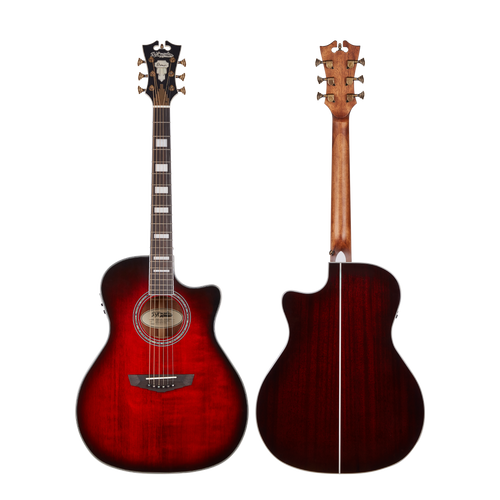 Dâ€™Angelico Gramercy Grand Auditorium CE - Trans Cherry Burst Bundle (DAPG200TBCBAPS) featuring a grand auditorium body, cutaway design, Trans Cherry Burst finish, onboard electronics, and included hard case and guitar strap.