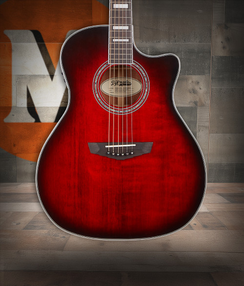 DÃ¢â‚¬â„¢Angelico Gramercy Grand Auditorium CE - Trans Cherry Burst (DAPG200TBCBAPS) featuring a grand auditorium body, cutaway design, Trans Cherry Burst finish, onboard electronics.