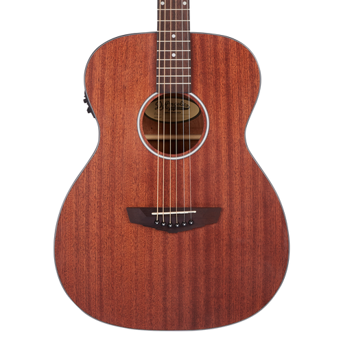 Dâ€™Angelico Tammany LS Orchestra E - Mahogany Satin Bundle (DAPLSOMMAHCP) featuring an LS orchestra body, satin mahogany finish, cutaway design, onboard electronics, and an included hard case and guitar strap.