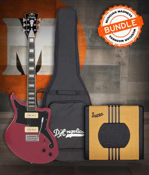 D’Angelico Premier Bedford – Oxblood Bundle (DAPBEDOXBCTR) featuring an offset solid body electric guitar in Oxblood finish, versatile pickup configuration, and an included gig bag plus Supro Delta King 10 amp.