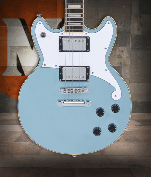 Dâ€™Angelico Brighton Double Cutaway - Ice Blue Metallic (DAPBRIIBMCS) featuring a solid-body double-cut design, dual humbuckers, sleek contours, and a bold Ice Blue Metallic finish for modern versatile tone.