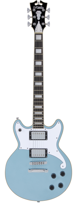 Dâ€™Angelico Brighton Double Cutaway - Ice Blue Metallic (DAPBRIIBMCS) featuring a solid-body double-cut design, dual humbuckers, sleek contours, and a bold Ice Blue Metallic finish for modern versatile tone.