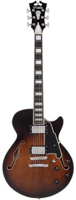 Dâ€™Angelico Premier SS Single Cutaway - Brown Burst (DAPSSBRBNS) featuring a semi-hollow single-cut body, stop-bar tailpiece, dual humbuckers, and a warm Dark Iced Tea Burst finish for expressive modern tones.