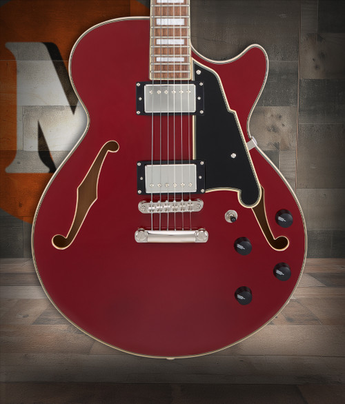 Dâ€™Angelico Premier SS Single Cutaway - Burnt Red (DAPSSBRDNS) featuring a semi-hollow single-cut body, stop-bar tailpiece, dual humbuckers, and a warm Dark Iced Tea Burst finish for expressive modern tones.