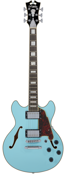 DÃ¢â‚¬â„¢Angelico Premier Mini DC - Sky Blue (DAPMINIDCSKBCS) featuring a compact semi-hollow double-cutaway body, stop-bar tailpiece, dual humbuckers, and a bold Sky Blue finish for lightweight versatility and modern tone.