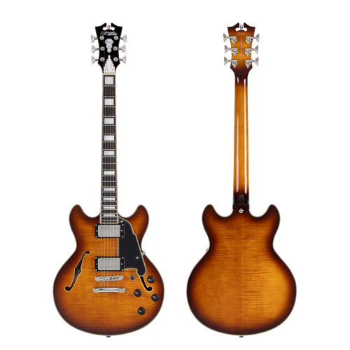 Dâ€™Angelico Premier Mini DC - Dark Iced Tea Burst (DAPMDCDITBNS) featuring a compact semi-hollow double-cut design, stop-bar tailpiece, dual humbuckers, and a rich Dark Iced Tea Burst finish for warm, versatile tone.