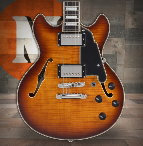 D'Angelico Premier Mini DC - Dark Iced Tea Burst (DAPMDCDITBNS) featuring a compact semi-hollow double-cut design, stop-bar tailpiece, dual humbuckers, and a rich Dark Iced Tea Burst finish for warm, versatile tone.
