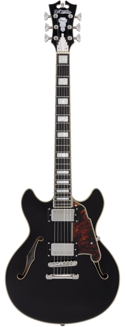 Dâ€™Angelico Premier Mini DC - Black Flake (DAPMDCBLF2NS) featuring a compact semi-hollow double-cut design, stop-bar tailpiece, dual humbuckers, and a rich Dark Iced Tea Burst finish for warm, versatile tone.