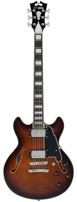 Dâ€™Angelico Premier Mini DC - Brown Burst (DAPMDCBRBNS) featuring a compact semi-hollow double-cut design, stop-bar tailpiece, dual humbuckers, and a rich Dark Iced Tea Burst finish for warm, versatile tone.