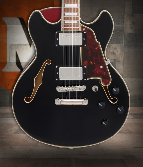 DÃ¢â‚¬â„¢Angelico Premier Mini DC - Black (DAPMDCSBKNS) featuring a compact semi-hollow double-cut design, stop-bar tailpiece, dual humbuckers, and a rich versatile tone.
