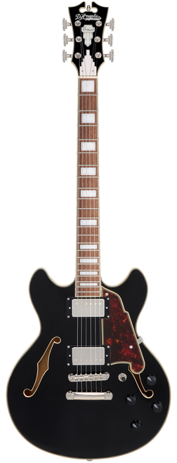 DÃ¢â‚¬â„¢Angelico Premier Mini DC - Black (DAPMDCSBKNS) featuring a compact semi-hollow double-cut design, stop-bar tailpiece, dual humbuckers, and a rich versatile tone.