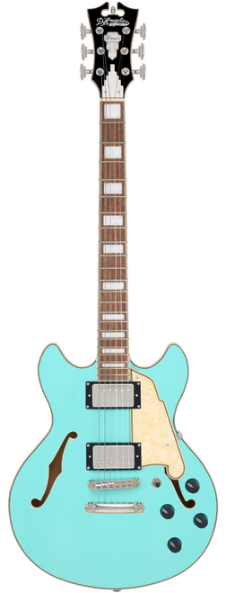 Dâ€™Angelico Premier Mini DC - Surf Green (DAPMDCSGRNS) featuring a compact semi-hollow double-cut design, stop-bar tailpiece, dual humbuckers, and a rich warm, versatile tone.