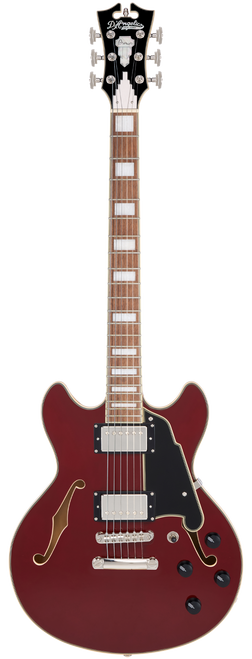 Dâ€™Angelico Premier Mini DC - Burnt Red (DAPMDCBRDNS) featuring a compact semi-hollow double-cut design, stop-bar tailpiece, dual humbuckers, and a rich warm, versatile tone.
