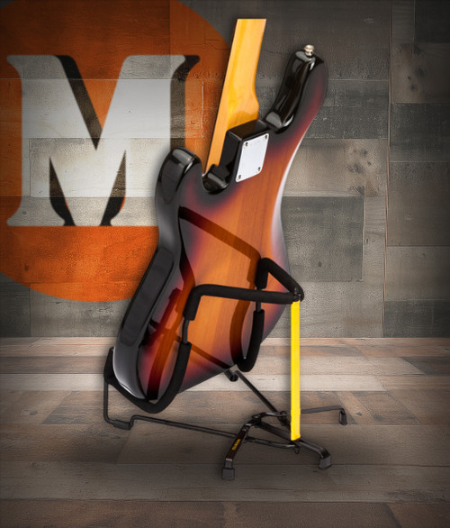 Hercules GS302B TravLite Electric Guitar Stand featuring a foldable lightweight design, padded arms, and secure support ideal for electric guitars and travel convenience.