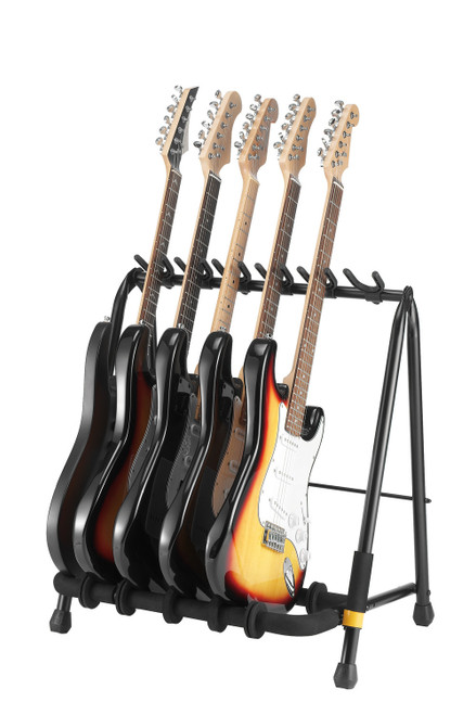 Hercules GS523B 3-Piece Guitar Rack Stand featuring padded yokes, a durable foldable frame, and capacity to hold three acoustic, electric, or bass guitars securely.