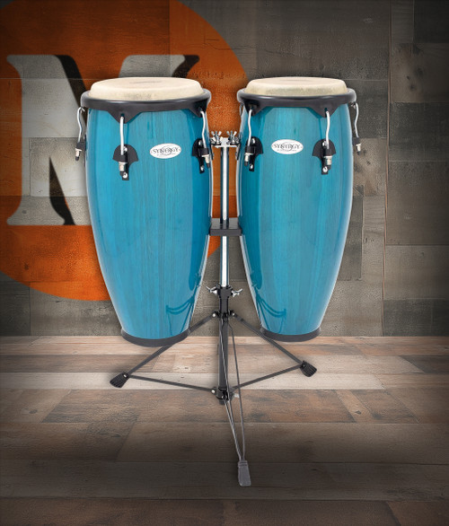 Toca Synergy Conga Set 10"/11" - Blue (2300BB) featuring blue-finished shells, durable hardware, warm resonant tone, and an included adjustable double conga stand.