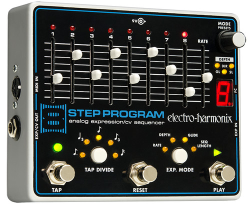 Electro-Harmonix 8 Step Program (8STEP) expression sequencer featuring eight adjustable control sliders, tap tempo, preset functions, and CV/expression output for advanced modulation control.