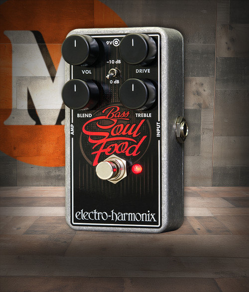 Electro-Harmonix Bass Soul Food Overdrive (BASSSOULFOOD) featuring transparent bass overdrive voicing, low-end-friendly circuitry, gain/treble/volume controls, and rugged EHX enclosure design.
