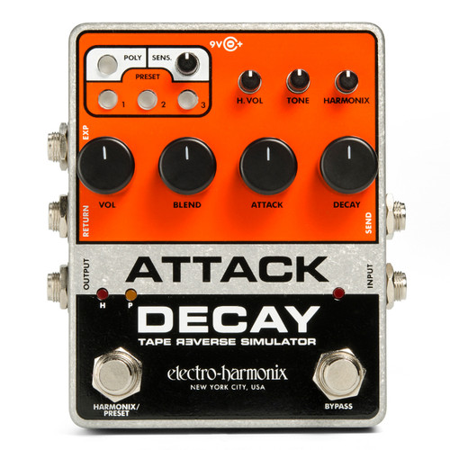 Electro-Harmonix Attack Decay Tape Reverse Simulator (ATTACK DECAY) featuring tape-style reverse swell effects, envelope controls, polyphonic tracking, and rugged EHX stompbox design.