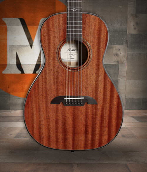 The Alvarez Masterworks MP66 Parlor Acoustic Guitar features an all-solid mahogany top, back, and sides, creating a warm, woody voice with focused midrange perfect for blues, folk, and fingerstyle. Its compact parlor body offers excellent comfort and vintage character, paired with high-quality Masterworks craftsmanship for responsive tone and exceptional playability.