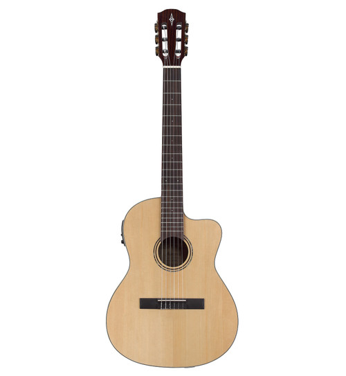 The Alvarez Regent RC26HCE Hybrid Classical Acoustic-Electric (RC26HCE) blends nylon-string warmth with modern steel-string playability. It features a spruce top, mahogany back and sides, a comfortable 46mm nut width, and a radiused fingerboard for easier chording and smoother transitions. The cutaway provides upper-fret access, while onboard electronics deliver clear amplified tone. Includes a deluxe padded gig bag, making it ideal for beginners, crossover players, and performers.