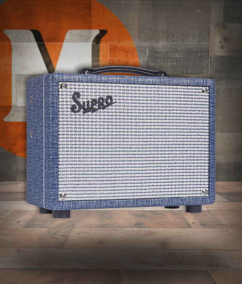 The Supro 1605RJ 64 Reverb Combo Amp features a 5-watt Class A tube design with a single 8" speaker, delivering classic Supro breakup at manageable volumes. Built-in tube-driven reverb and tremolo offer vintage character, while the Blue Rhino covering adds iconic retro style. Ideal for studio recording, practice sessions, and players seeking authentic Supro tone in a compact format.