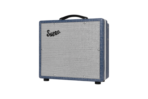 The Supro 1608R Montauk Combo Amp features a 15-watt Class A tube design paired with a 10" speaker for dynamic, harmonically rich tone. With authentic Supro tube-driven reverb, responsive breakup, and the iconic Blue Rhino covering, it delivers boutique-style sound in a compact, gig-ready package. Perfect for blues, rock, and studio recording applications.