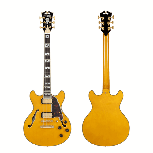 The Dâ€™Angelico DAEMDCAMBGS Mini Double Cutaway Electric Guitar features a scaled-down double-cut body with a rich Amber finish, offering comfortable playability and classic aesthetics. The stop-bar tailpiece enhances sustain and tuning stability, while quality pickups deliver warm, articulate tones ideal for blues, rock, and versatile everyday playing. A stylish and compact option for musicians of all levels.