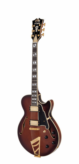 DÃ¢â‚¬â„¢Angelico Single Cutaway electric guitar in Amaretto Burst featuring a classic single-cut body style, signature stairstep tailpiece, humbucker pickups, vintage-inspired hardware, and warm, expressive tonal character.