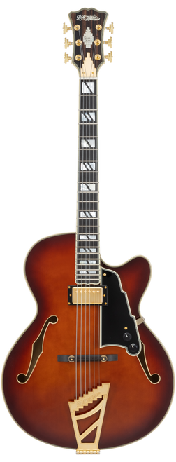 Dâ€™Angelico Single Cutaway Hollowbody guitar in Amaretto Burst featuring a full hollow archtop body, vintage-inspired appointments, dual humbuckers, wooden bridge styling, and includes a matching hard case.