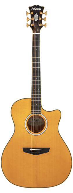 DÃ¢â‚¬â„¢Angelico Gramercy Grand Auditorium CE acoustic-electric guitar in Vintage Natural featuring a grand auditorium body, cutaway design, solid-tone construction, onboard electronics, and includes a padded gig bag.