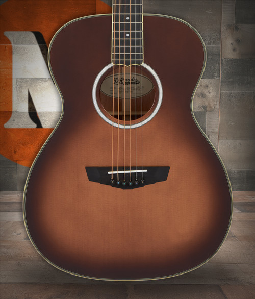 Dâ€™Angelico Tammany Orchestra E acoustic-electric guitar in Autumn Burst featuring an orchestra body shape, warm tonal response, stylish burst finish, onboard electronics, and a padded gig bag.