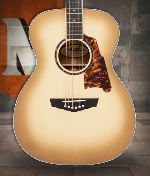 DÃ¢â‚¬â„¢Angelico Excel Tammany acoustic-electric guitar in Sepia Burst featuring an orchestra body, premium Excel detailing, warm sepia finish, onboard electronics, and an included padded gig bag.