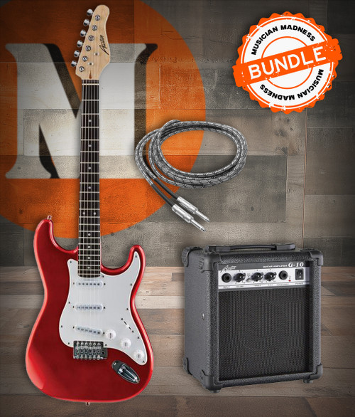 Austin AST100RD Classic Double Cutaway Guitar Bundle in Red featuring the AST100RD electric guitar, Austin AUG10 amplifier, instrument cable, and a complete beginner-friendly setup.