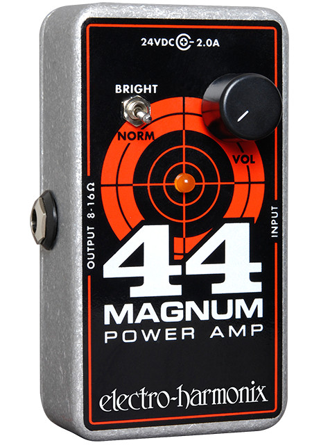 Electro-Harmonix 44 Magnum compact power amp pedal featuring 44 watts of clean or driven output, simple volume and bright switch controls, pedalboard-friendly size, and powerful tone for stage or rehearsal use.