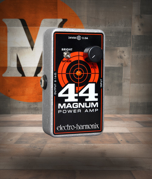 Electro-Harmonix 44 Magnum compact power amp pedal featuring 44 watts of clean or driven output, simple volume and bright switch controls, pedalboard-friendly size, and powerful tone for stage or rehearsal use.