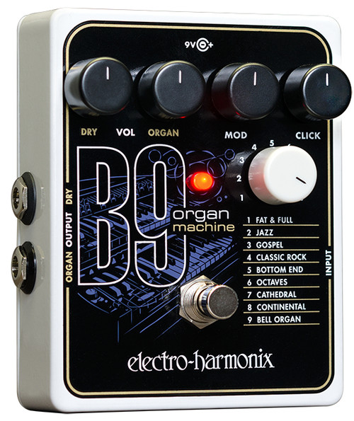Electro-Harmonix B9 Organ Machine pedal featuring nine classic organ presets, adjustable click and modulation controls, and authentic organ-style tone designed for guitar and keyboards.