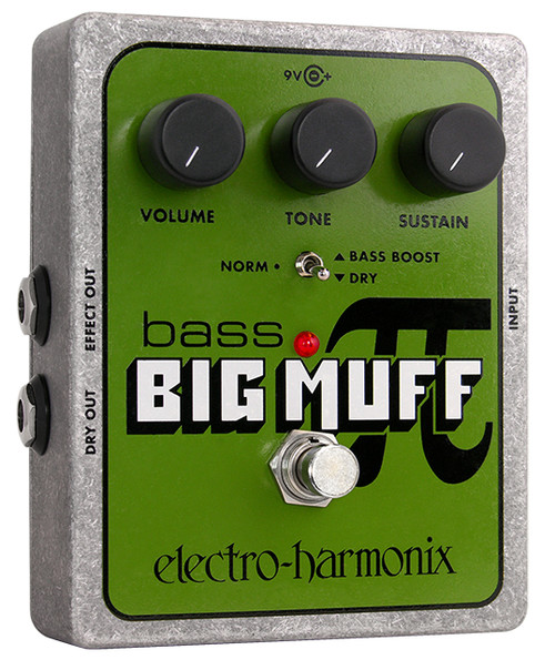 Electro-Harmonix Bass Big Muff Pi pedal featuring iconic Big Muff fuzz circuitry optimized for bass, deep low-end presence, sustain-rich distortion, and rugged EHX construction.