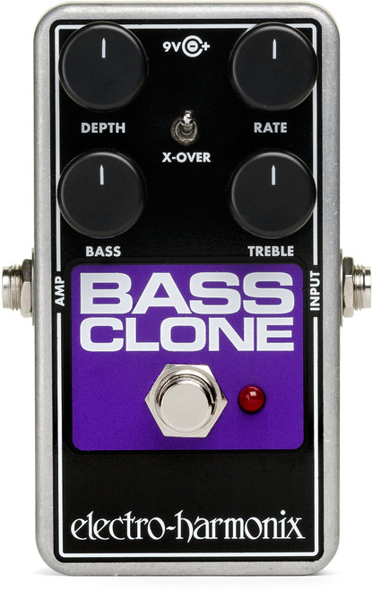Electro-Harmonix Bass Clone pedal featuring a dedicated crossover switch, depth and rate controls, full/clean blend capability, and warm, articulate chorus effects optimized for bass guitar.